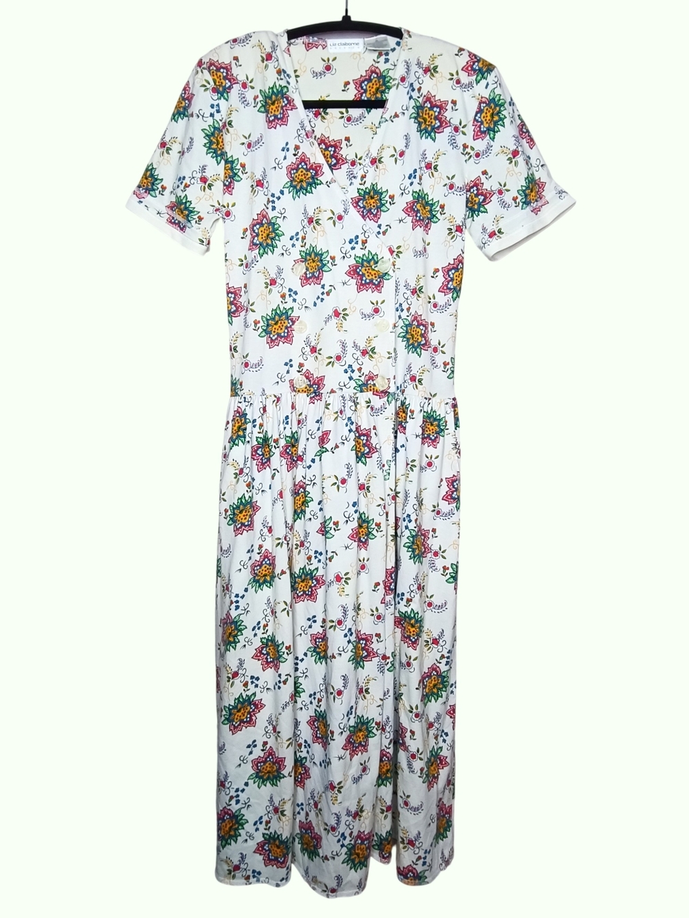 VTG Liz Claiborne 90s Floral Cotton Knit Wrap Midi Dress M Cottagecore